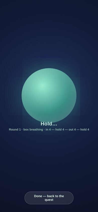 The guided breathing exercise: a glowing circle with box-breathing prompts