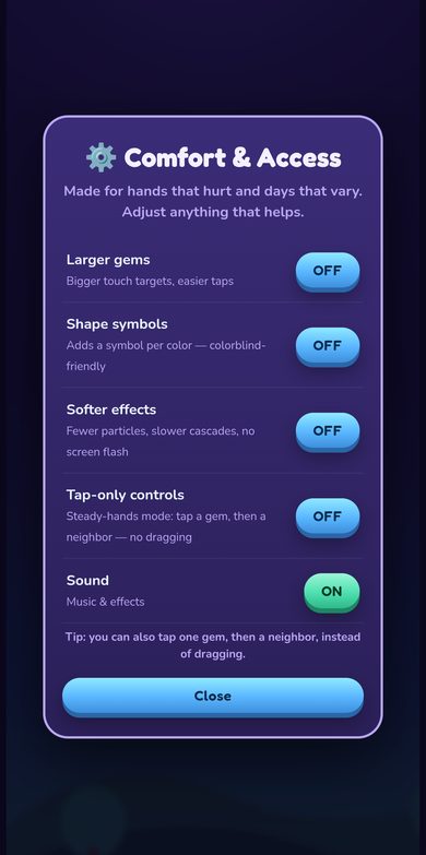 The Comfort and Access settings: larger gems, tap-only controls, softer effects