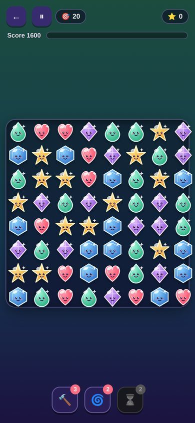 Soothe Quest gameplay: a colorful gem board with ice puzzle blocks