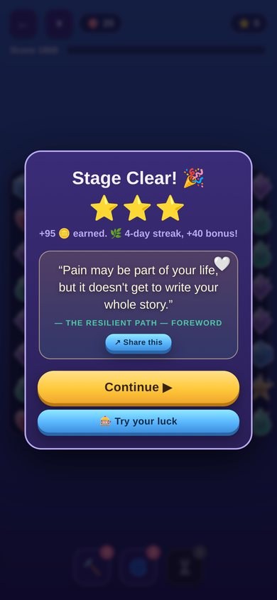 A win screen showing an encouraging quote from The Resilient Path